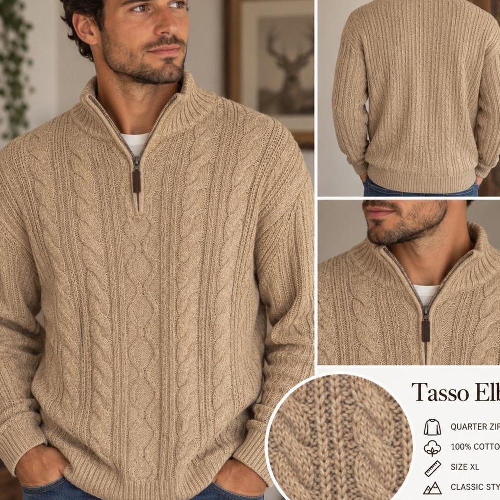 Tasso Elba Tan Cable Knit Quarter-Zip Sweater XL